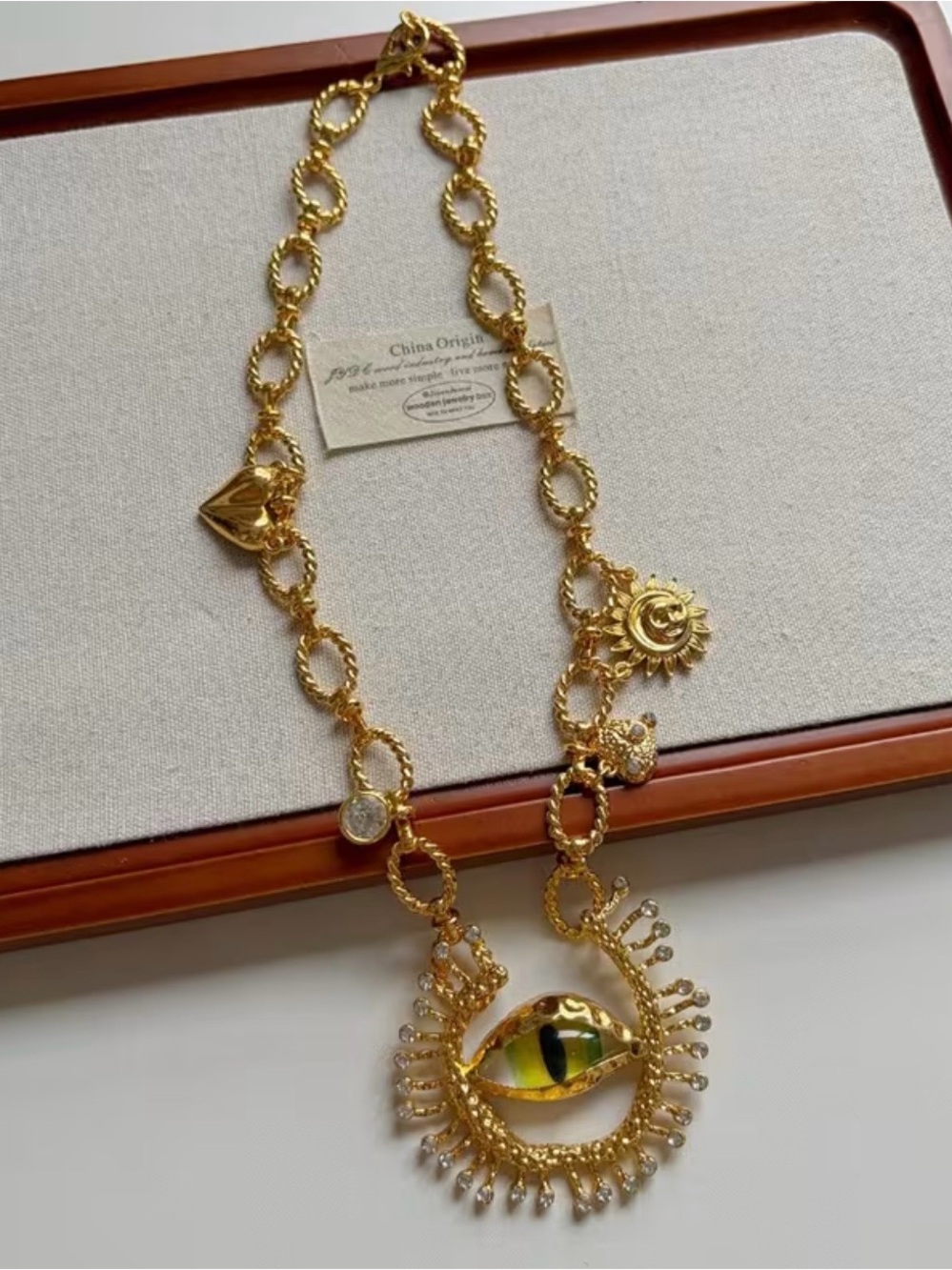 Schiaparelli Inspired Gold Tone Eye Pendant Charm Necklace